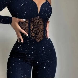 Navy Blue Womens Sparkly Bodysuit